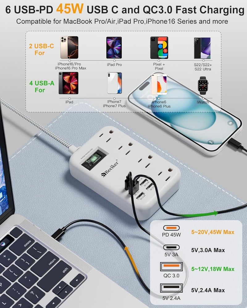 Beeiker 45W USB C Surge Protector Power Strip, Travel Power Strip with 6 USB(2 USB C) Ports and 4 Outlets,5Ft Flat Plug Braided Extension Cord, PD 45W Fast Charging for MacBook Laptops iPad Pro iPhone Samsung - Image 3